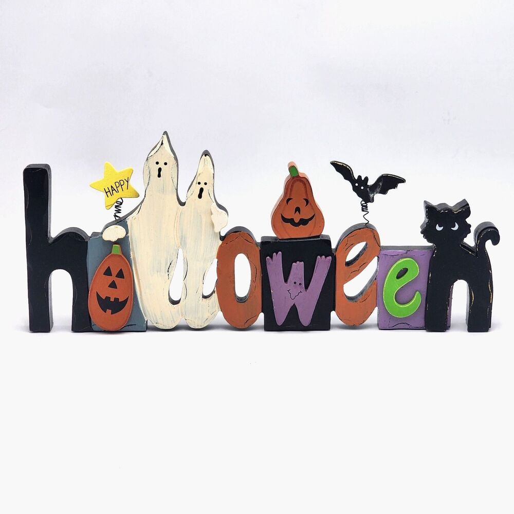 Happy Halloween Wood Tabletop Sign Decor 15.5" Ghosts Pumpkin Bat Cat Multicolor